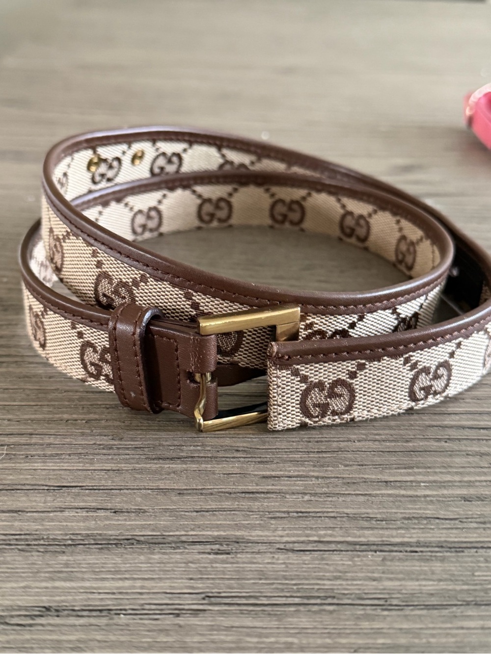 Gucci Brown and Beige GG Canvas Belt with Gold Buckle